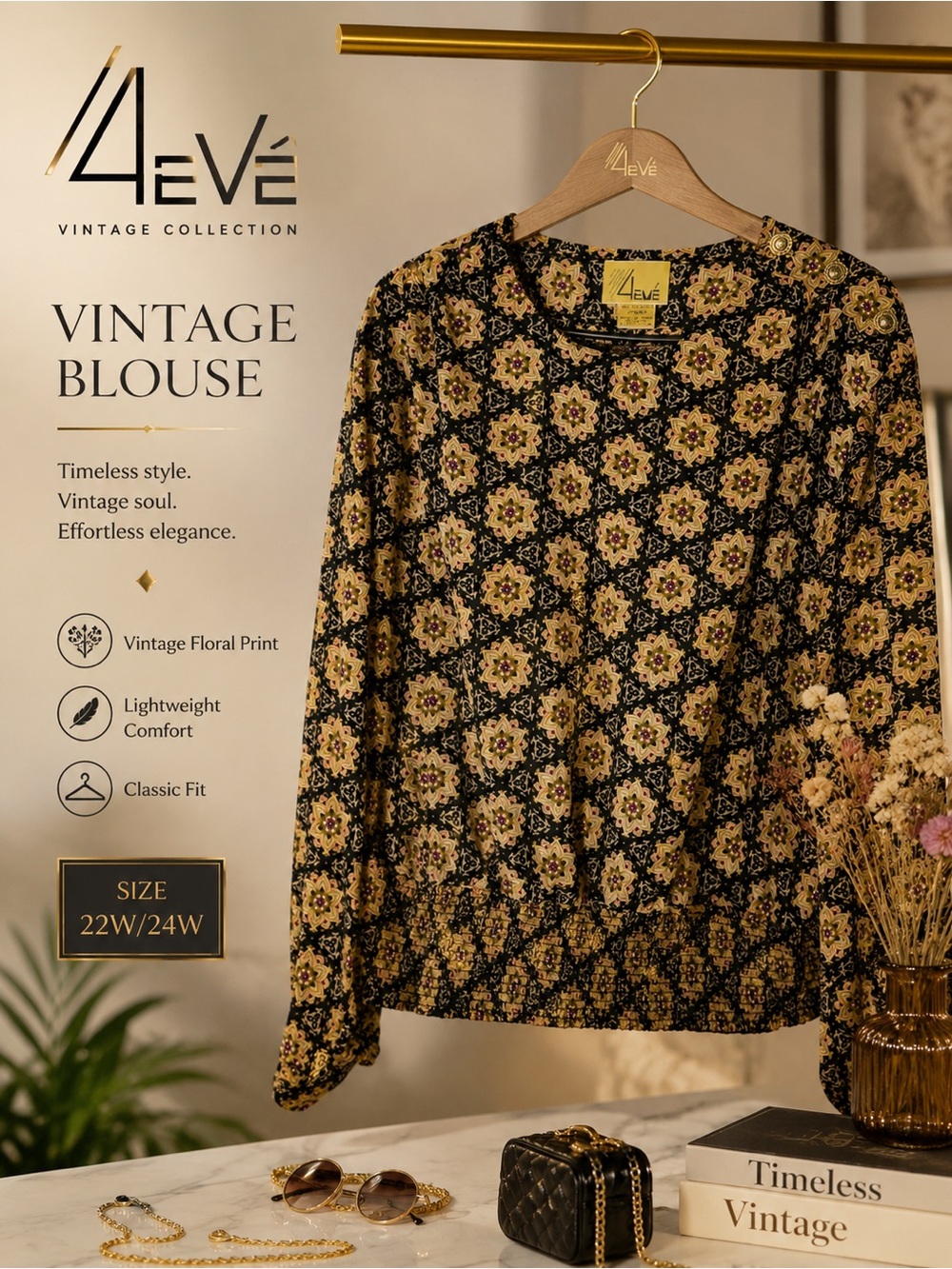 4eVé | Vtg. Black and Yellow Floral Medallion Long-Sleeve Blouse